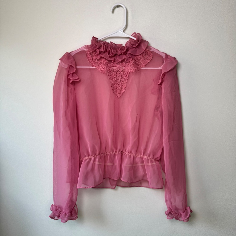 Sheer Ruffle-Trim Pink Blouse